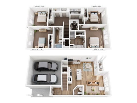 A floor plan of a two-story house with dimensions and a car garage.